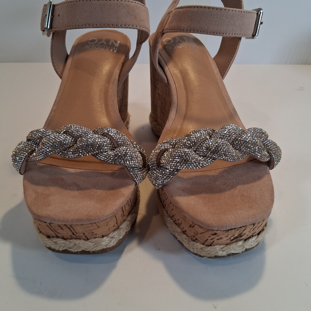Braided Crystal Strap Tan Wedge Sandals